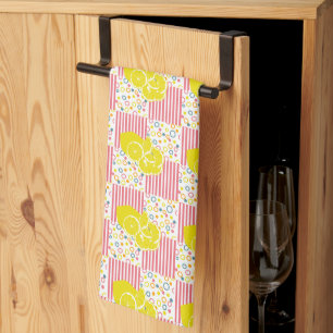 Yellow Lemons Pink Stripes Summer Tea Towel