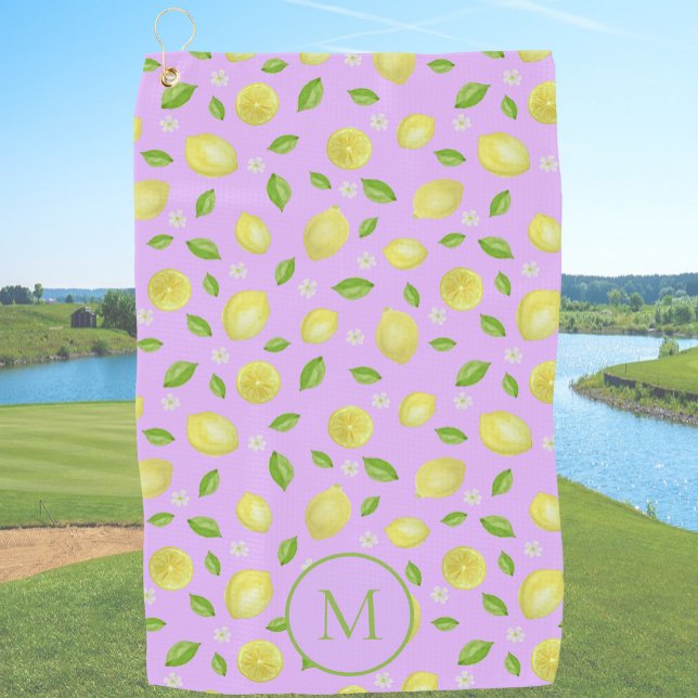 Yellow Lemons Purple Custom Monogrammed Golf Towel (Creator Uploaded)