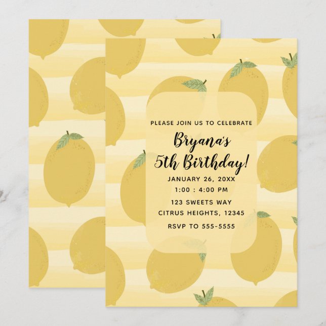 Yellow Lemons Summer Fruit Bright Birthday Party Invitation (Front/Back)