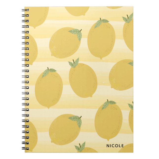 Yellow Lemons Summer Fruit Watercolor Stripe Fun Notebook (Front)