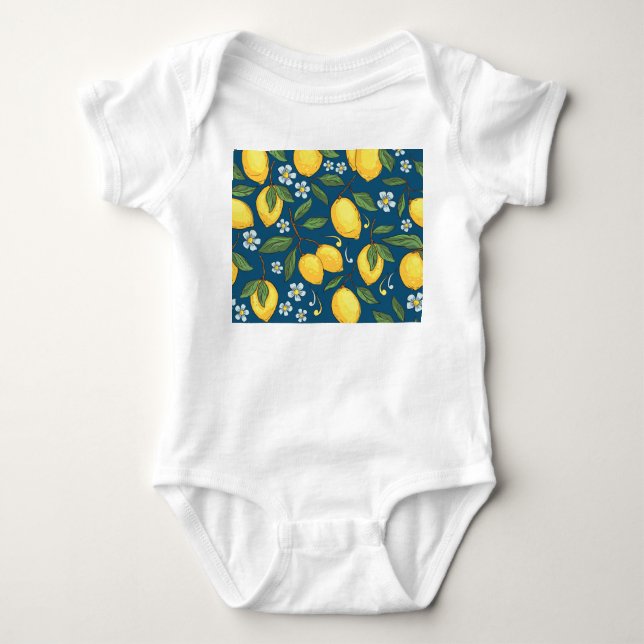 Yellow Lemons: Tropical Fruit Pattern. Baby Bodysuit (Front)