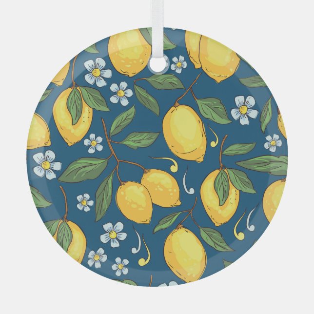 Yellow Lemons: Tropical Fruit Pattern. Glass Tree Decoration (Front)