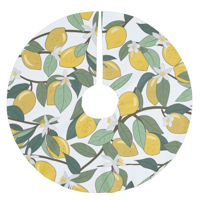 Yellow Lemons, Tropical Seamless Print. Brushed Polyester Tree Skirt (Front)
