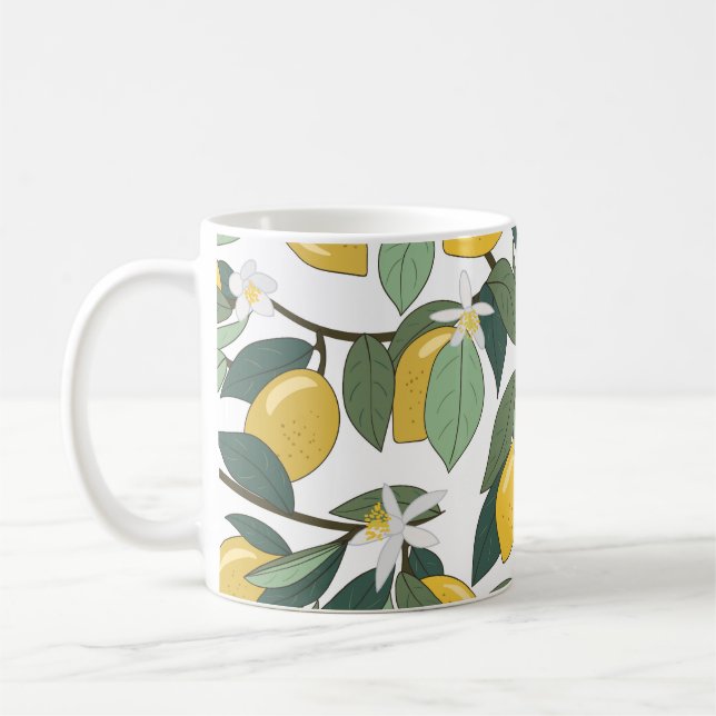 Yellow Lemons, Tropical Seamless Print. Coffee Mug (Left)