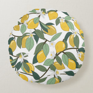 Yellow Lemons, Tropical Seamless Print. Round Cushion