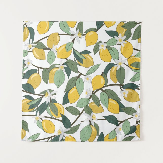 Yellow Lemons, Tropical Seamless Print. Tapestry (Front)