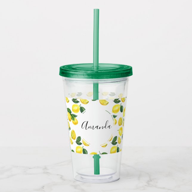 Yellow Lemons Watercolor Fruit Pattern Acrylic Tumbler (Front)
