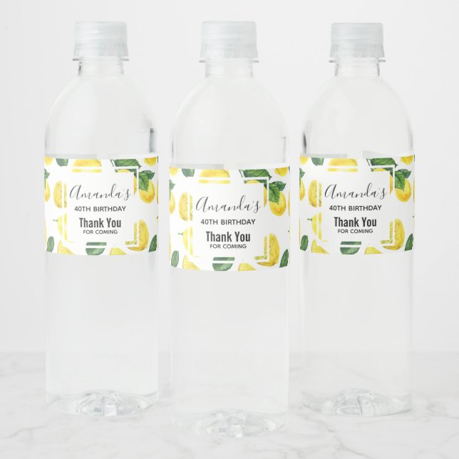 Yellow Lemons Watercolor Fruit Pattern Birthday Water Bottle Label (Bottles)