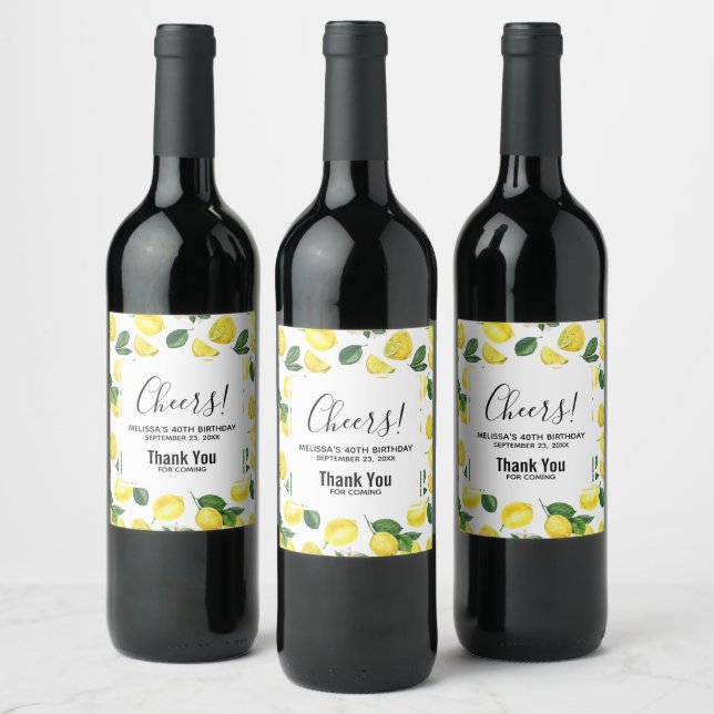 Yellow Lemons Watercolor Fruit Pattern Birthday Wine Label (Bottles)