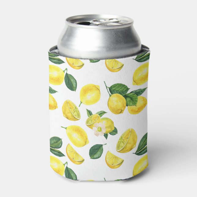 Yellow Lemons Watercolor Fruit Pattern Can Cooler (Can Front)