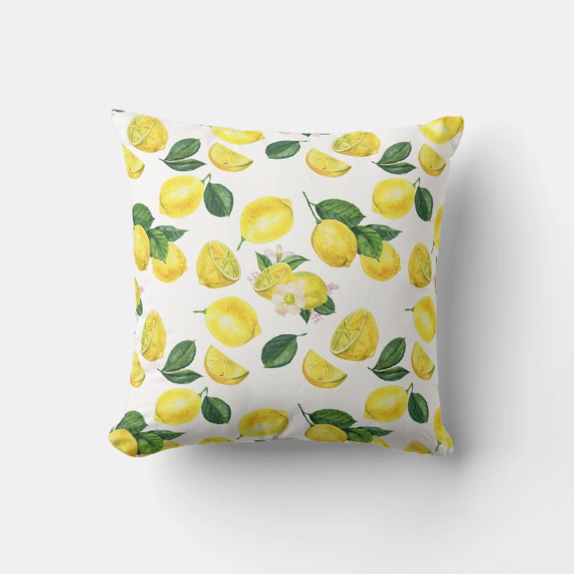 Yellow Lemons Watercolor Fruit Pattern Cushion (Front)