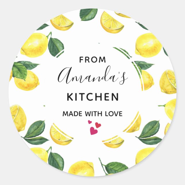 Yellow Lemons Watercolor Fruit Pattern Kitchen Classic Round Sticker (Front)