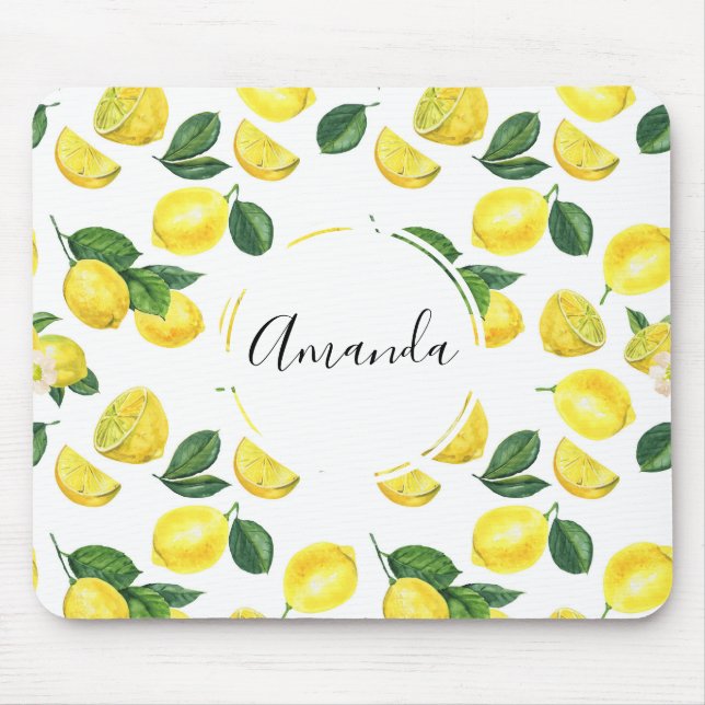 Yellow Lemons Watercolor Fruit Pattern Mouse Pad (Front)