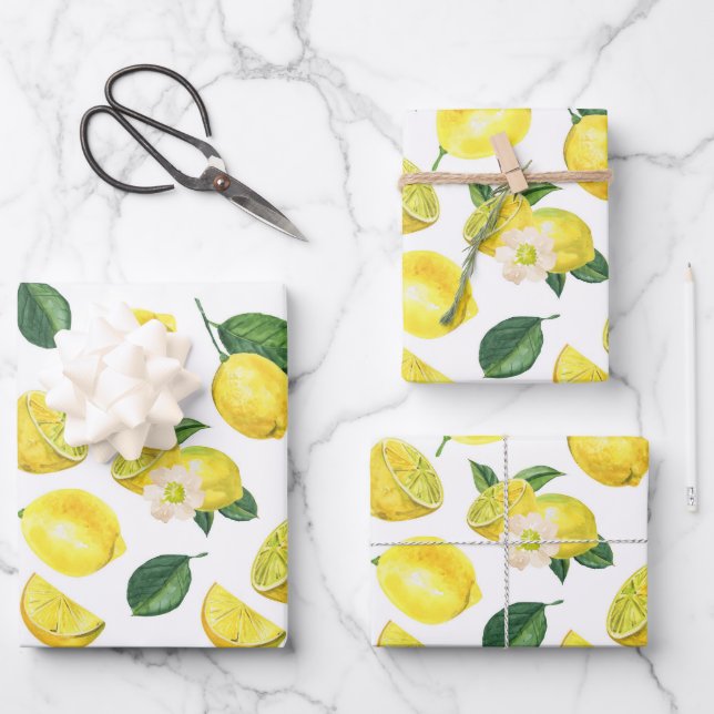 Yellow Lemons Watercolor Fruit Pattern Wrapping Paper Sheet (Front)