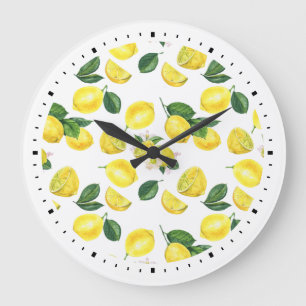 Yellow Lemons Watercolor Pattern Large Clock