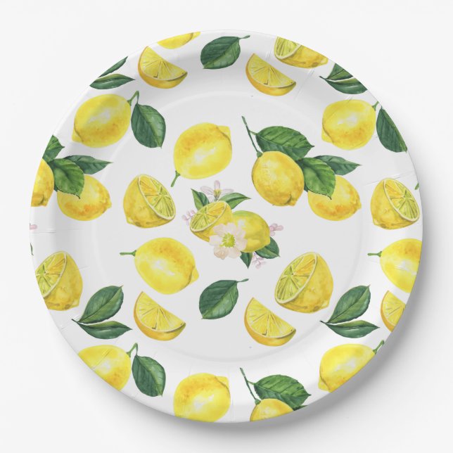 Yellow Lemons Watercolor Pattern Paper Plate (Front)