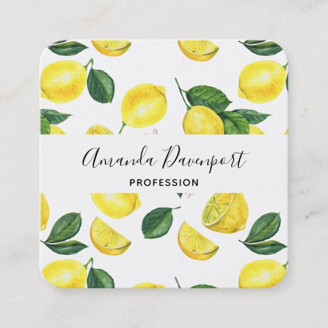 Yellow Lemons Watercolor Pattern Square Business Card (Front)