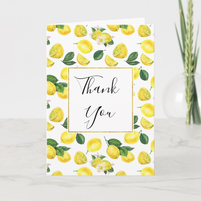 Yellow Lemons Watercolor Pattern Thank You Card (Front)