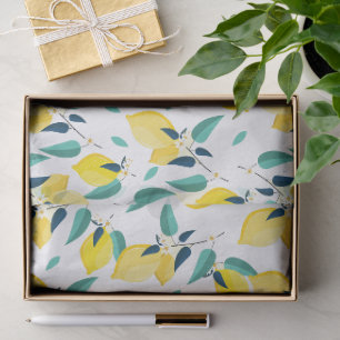 Yellow Lemons, White Flowers & Teal Leaves Pattern Tissue Paper