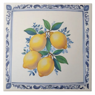 Yellow Lemons with Blue and White Border Ceramic Tile