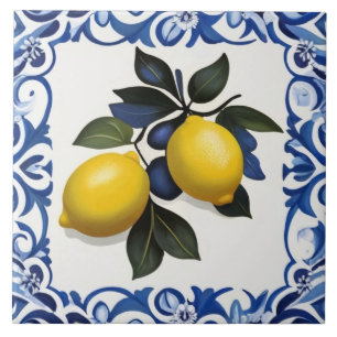 Yellow Lemons with Blue and White Border Ceramic Tile