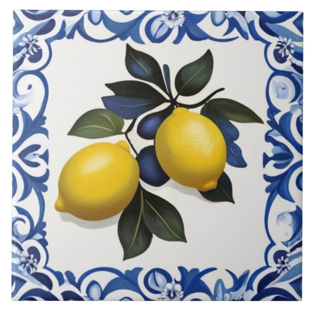 Yellow Lemons with Blue and White Border Ceramic Tile (Front)