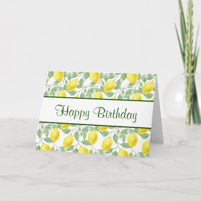 Yellow Lemons with Green Leaves Pattern Birthday Card (Front)