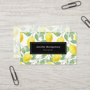 Yellow Lemons with Green Leaves Pattern Business Card