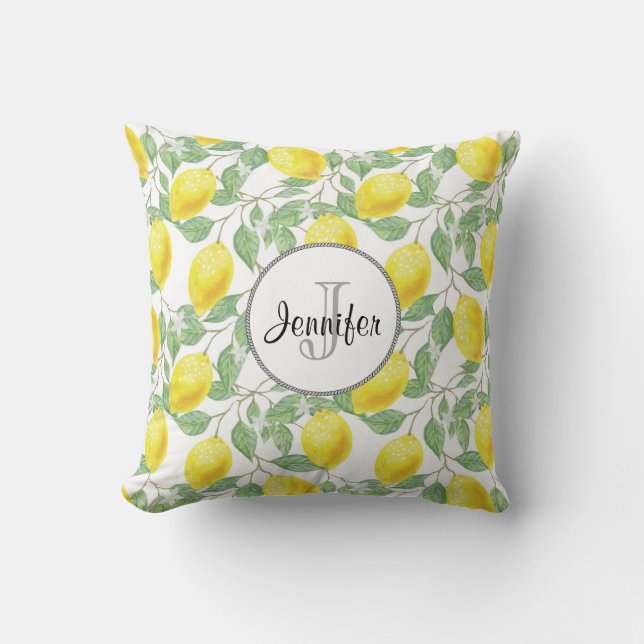 Yellow Lemons with Green Leaves Pattern Monogram Cushion (Front)