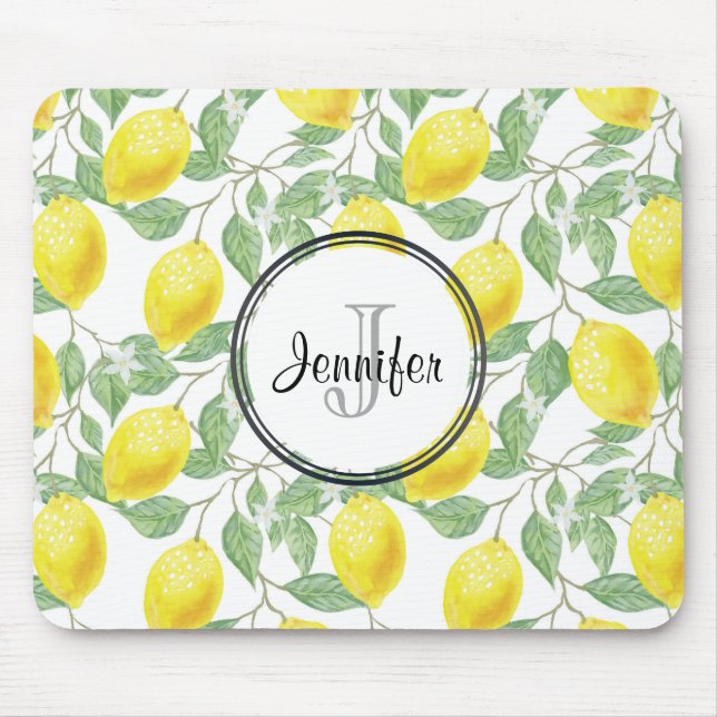 Yellow Lemons with Green Leaves Pattern Monogram Mouse Pad (Front)