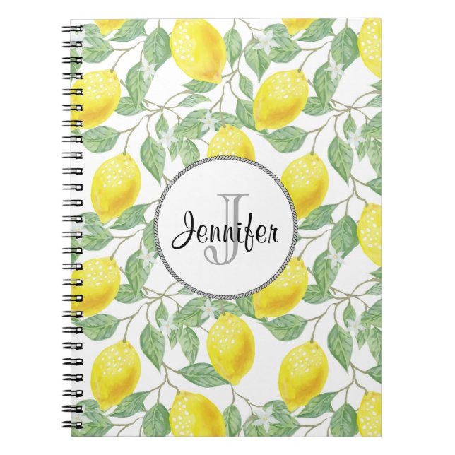 Yellow Lemons with Green Leaves Pattern Monogram Notebook (Front)