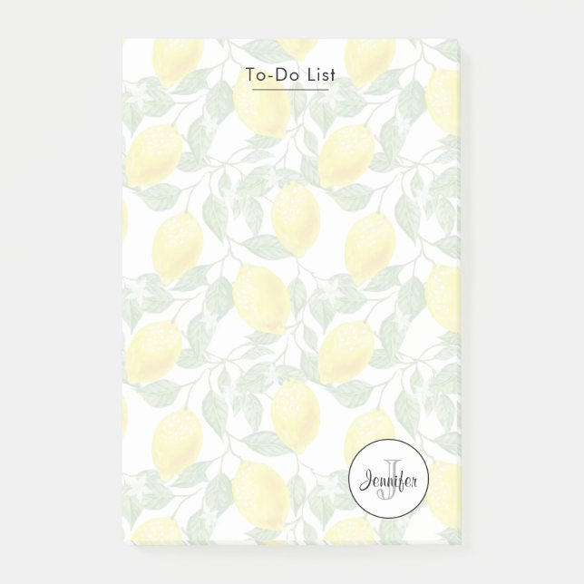 Yellow Lemons with Green Leaves Pattern Monogram Post-it Notes (Front)