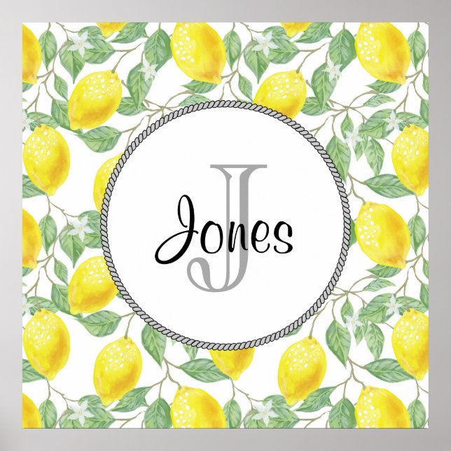 Yellow Lemons with Green Leaves Pattern Monogram Poster (Front)