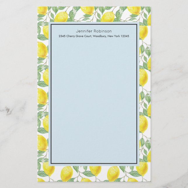 Yellow Lemons with Green Leaves Pattern Stationery (Front)
