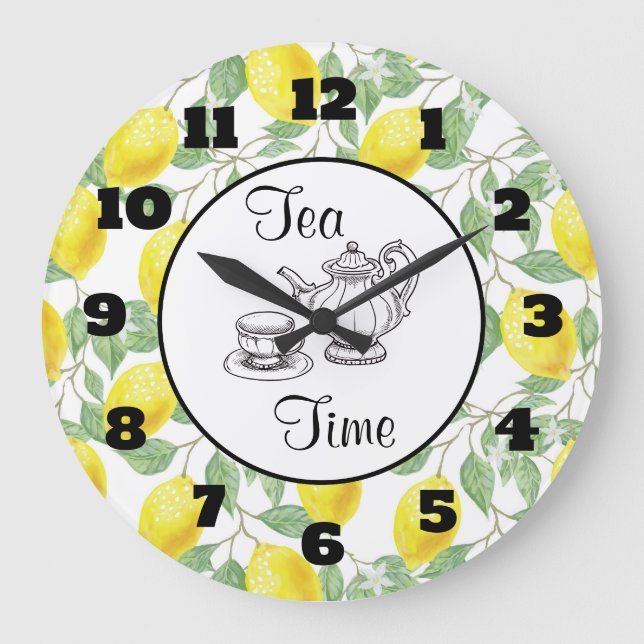 Yellow Lemons with Green Leaves Pattern Tea Time Large Clock (Front)