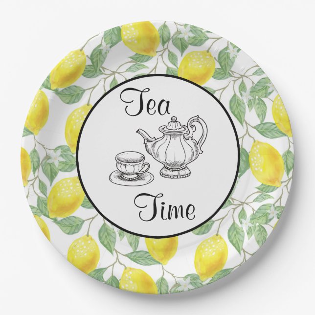 Yellow Lemons with Green Leaves Pattern Tea Time Paper Plate (Front)