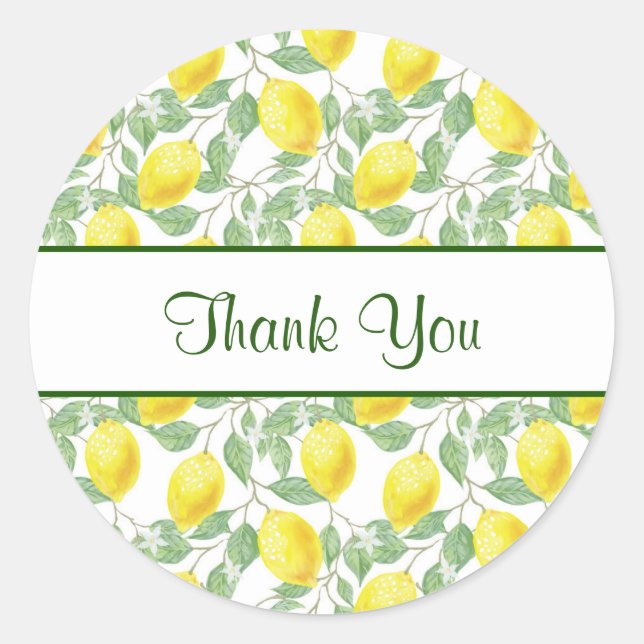 Yellow Lemons with Green Leaves Pattern Thank You Classic Round Sticker (Front)