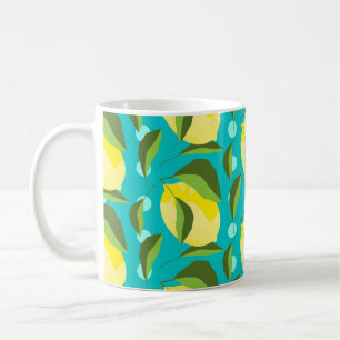 Yellow lemons with green leaves seamless pattern w coffee mug