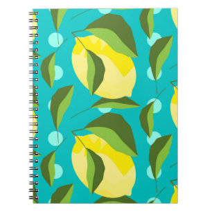 Yellow lemons with green leaves seamless pattern w notebook