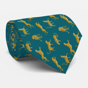 Yellow Leopard On Dark Emerald Pattern Wild Animal Tie
