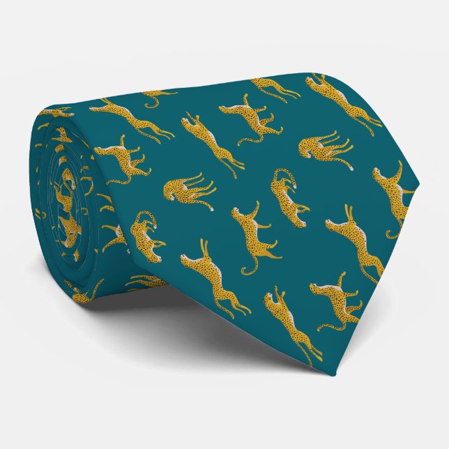 Yellow Leopard On Dark Emerald Pattern Wild Animal Tie (Rolled)