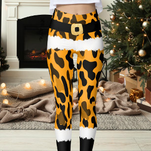 Yellow Leopard Print Santa Claus Costume Christmas Leggings