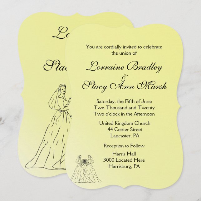 Yellow Lesbian Wedding Invitation (Front/Back)