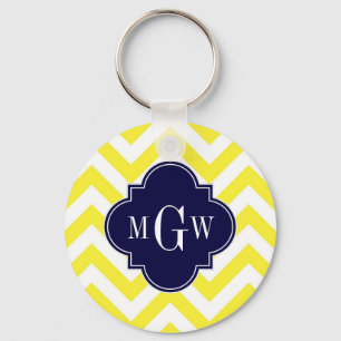 Yellow Lg Chevron Navy Quatrefoil 3 Monogram Key Ring