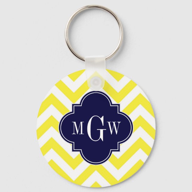Yellow Lg Chevron Navy Quatrefoil 3 Monogram Key Ring (Front)
