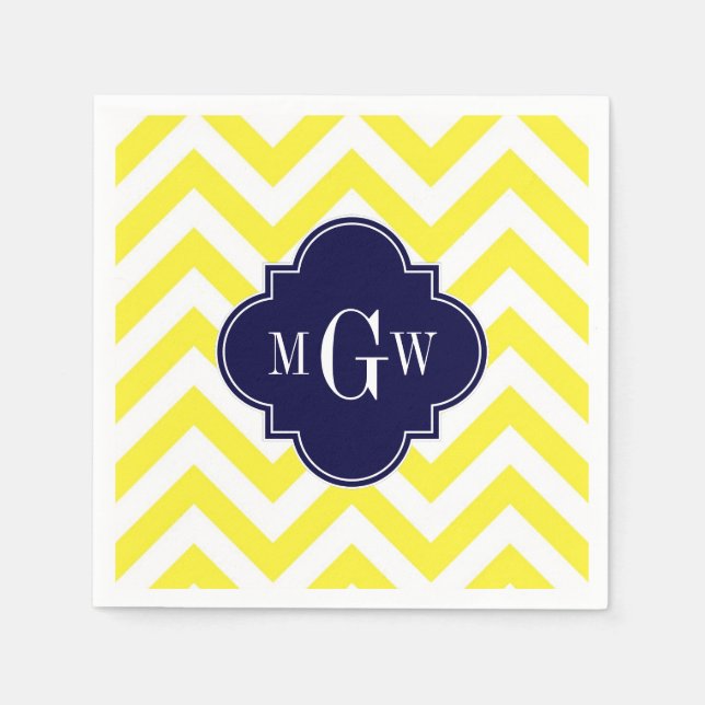 Yellow Lg Chevron Navy Quatrefoil 3 Monogram Napkin (Front)