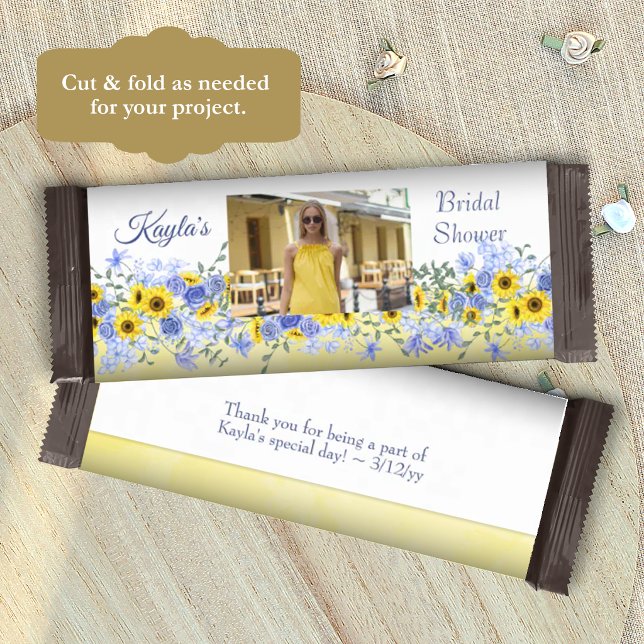 Yellow, Light Blue Bridal Shower Candy Bar Label Flyer (yellow sunflower and light blue bridal shower party favor, personalized candy bar wrapper label)