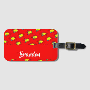 Yellow light bulbs on red luggage tag