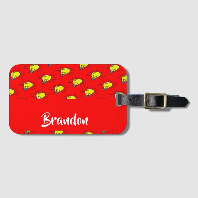 Yellow light bulbs on red luggage tag (Front Horizontal)