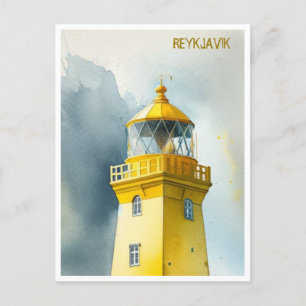Yellow Lighthouse Reykjavik Iceland Watercolor Postcard